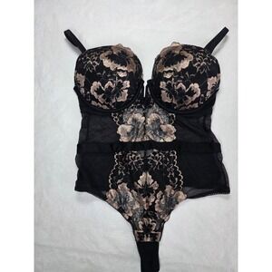 Auden Black Rose Gold Floral Lace Mesh Teddy Bodysuit Lingerie Med Boudoir Femme